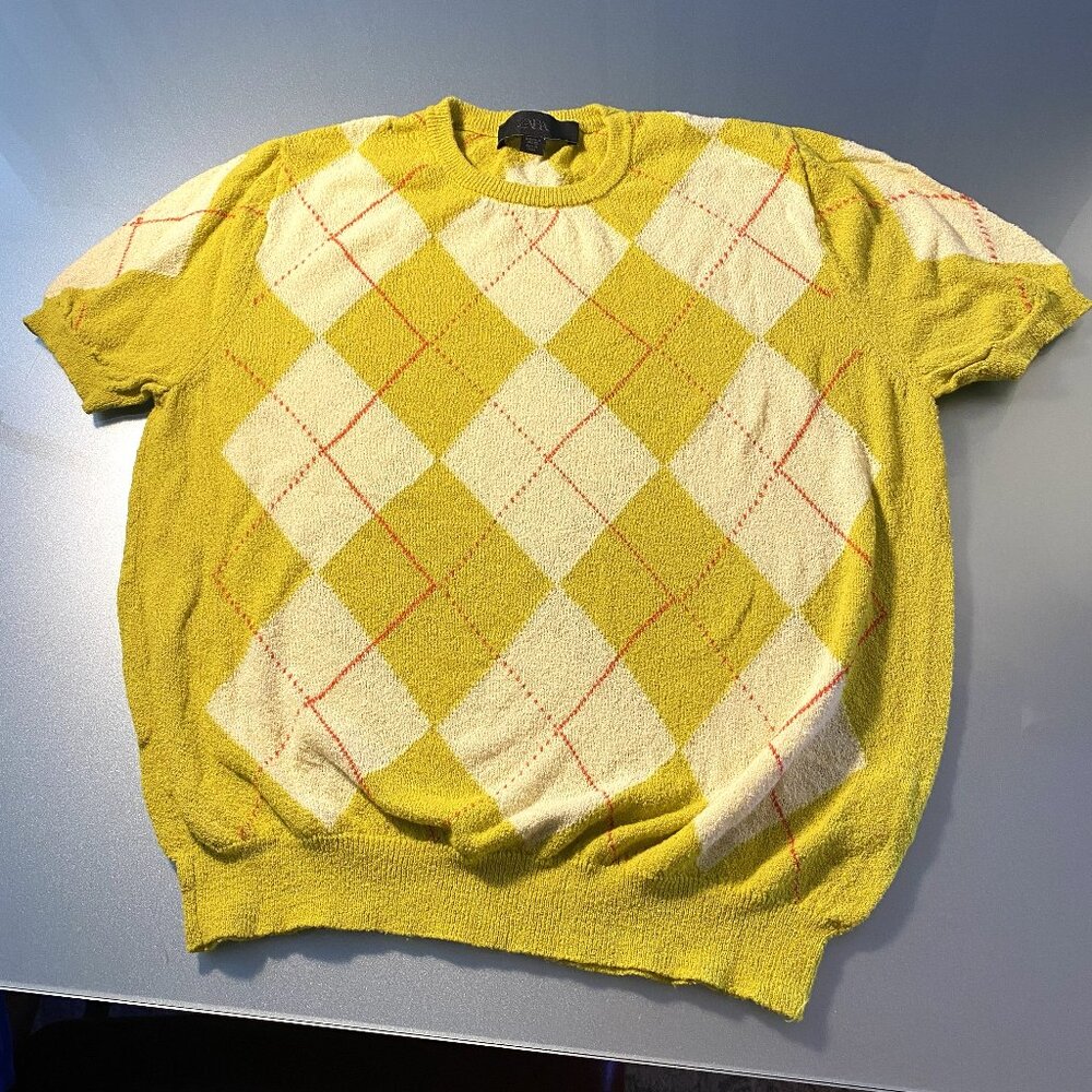 Zara Girl's Argyle Lime Green Lightweight Crew Neck Short Sleeved Sweater Size M